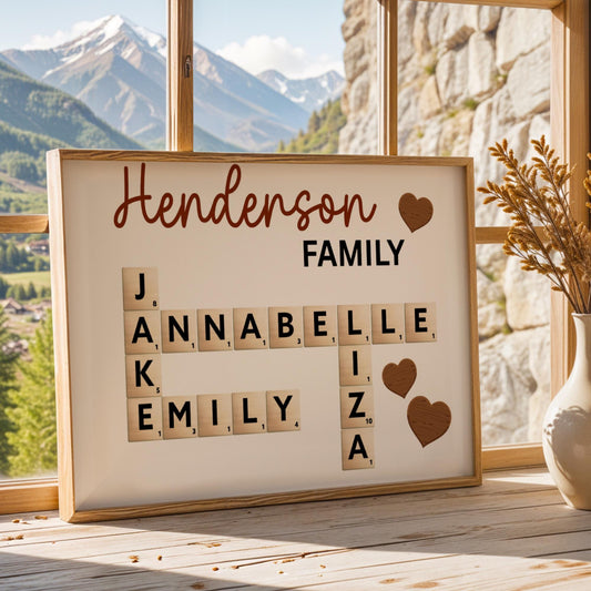 This Personalized Scrabble Puzzle Sign is a creative and heartwarming way to celebrate family connections. Designed as a custom wooden crossword wall sign, it beautifully features your family or grandkids’ names in a charming Scrabble-style layout. Perfect as a grandparents’ Christmas gift, birthday surprise, or family keepsake that adds warmth to any home. A custom last name sign ideal for decorating living rooms, hallways, or family walls with love and personality.