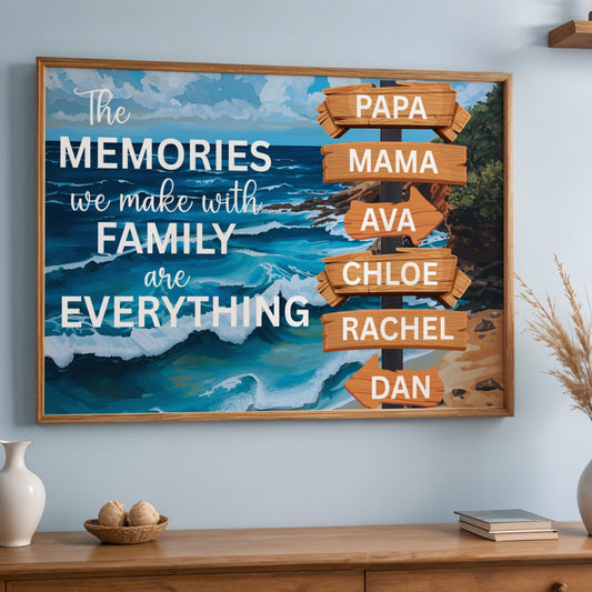 Family Adventure Life Canvas Poster featuring a custom family name sign and vintage street sign design over a scenic nature background, a blue ocean with motivational quotes. Personalized wall art decor perfect for family travelers and modern home interiors. Rustic adventure wall print ideal for living rooms, cabins, or entryway décor. Also for campers, and adventurers. Trendy gift for Christmas.