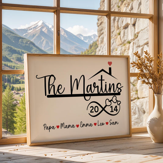 Canvas wall décor featuring a personalized farmhouse family name design and anniversary year in a matte black and white print. Custom framed wall art keepsake perfect for modern, rustic, or minimalist interiors. Ideal gift for housewarmings, weddings, anniversaries, or new homeowners. Display in living rooms, entryways, bedrooms, or offices for a meaningful decorative touch.