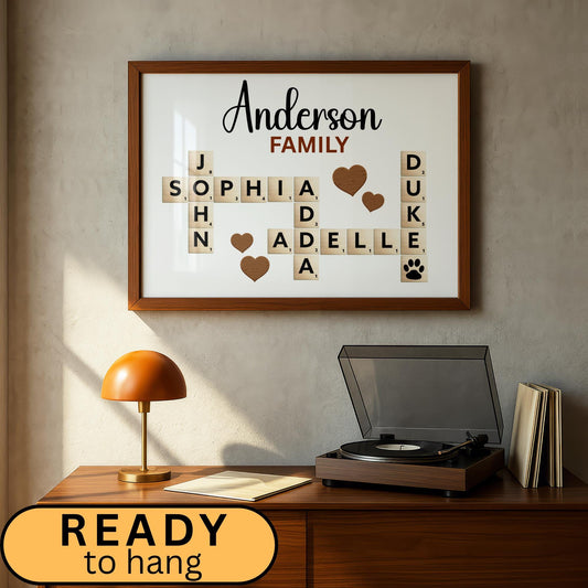 Beautiful Canvas Sign Scrabble Puzzle Wall Art featuring a custom family name in a creative crossword design. This wooden-style matte canvas artwork makes a heartfelt and unique grandparents’ Christmas gift or family keepsake. Perfect for adding a warm, personalized touch to living rooms, hallways, or family walls.