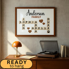 Beautiful Canvas Sign Scrabble Puzzle Wall Art featuring a custom family name in a creative crossword design. This wooden-style matte canvas artwork makes a heartfelt and unique grandparents’ Christmas gift or family keepsake. Perfect for adding a warm, personalized touch to living rooms, hallways, or family walls.