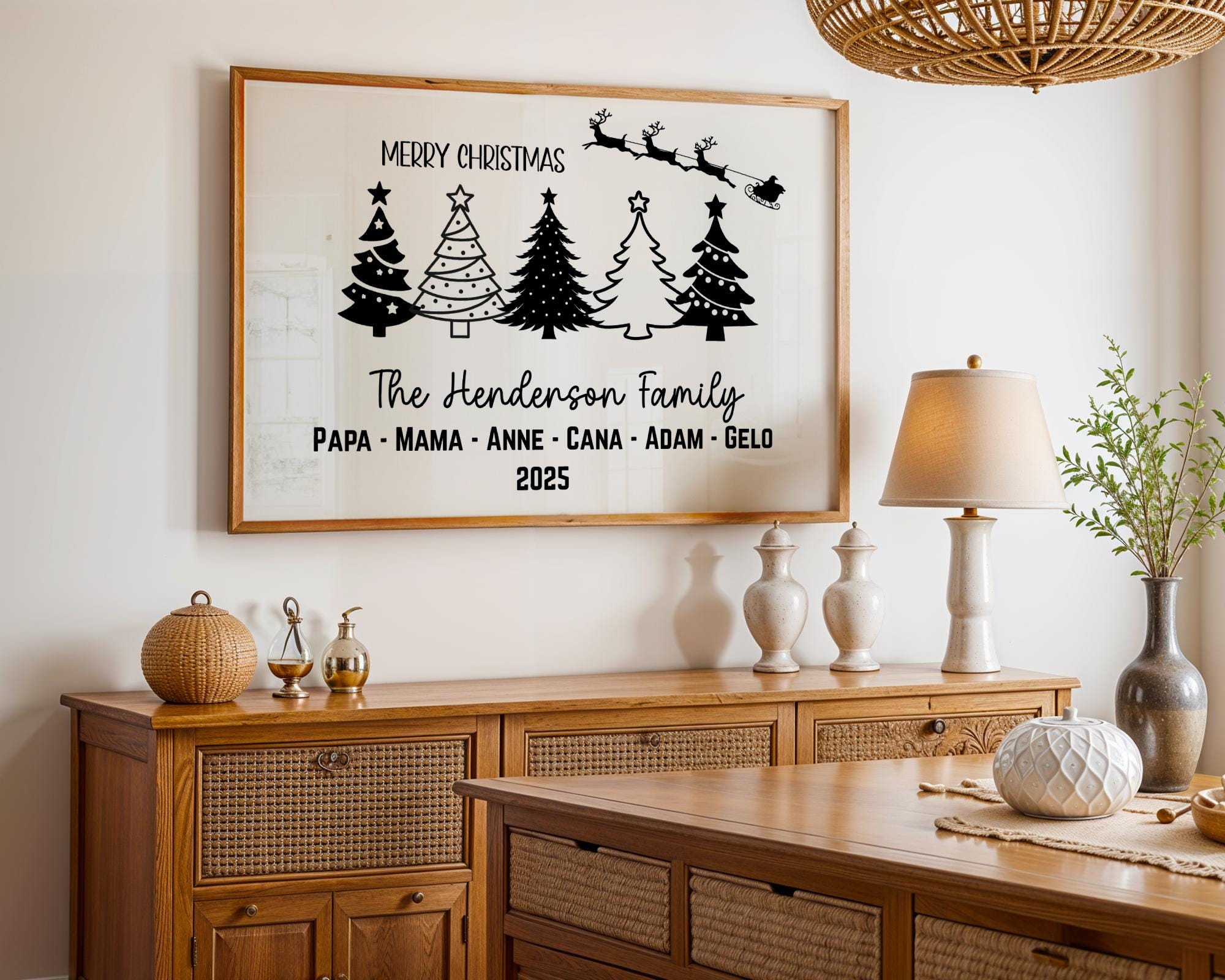Custom Family Print features five beautifully designed Christmas trees personalized with each family member’s name for a festive and meaningful touch. Printed on high-quality matte canvas, it combines modern style with holiday warmth. The vibrant tree designs create a cheerful and cozy atmosphere perfect for Christmas celebrations. This personalized family Christmas canvas highlights love, unity, and the spirit of togetherness.