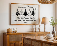 Custom Family Print features five beautifully designed Christmas trees personalized with each family member’s name for a festive and meaningful touch. Printed on high-quality matte canvas, it combines modern style with holiday warmth. The vibrant tree designs create a cheerful and cozy atmosphere perfect for Christmas celebrations. This personalized family Christmas canvas highlights love, unity, and the spirit of togetherness.