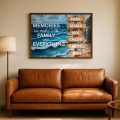 Family Adventure Life Canvas Poster featuring a custom family name sign and vintage street sign design over a scenic nature background, a blue ocean with motivational quotes. Personalized wall art decor perfect for family travelers and modern home interiors. Rustic adventure wall print ideal for living rooms, cabins, or entryway décor. Also for campers, and adventurers. Trendy gift for Christmas.