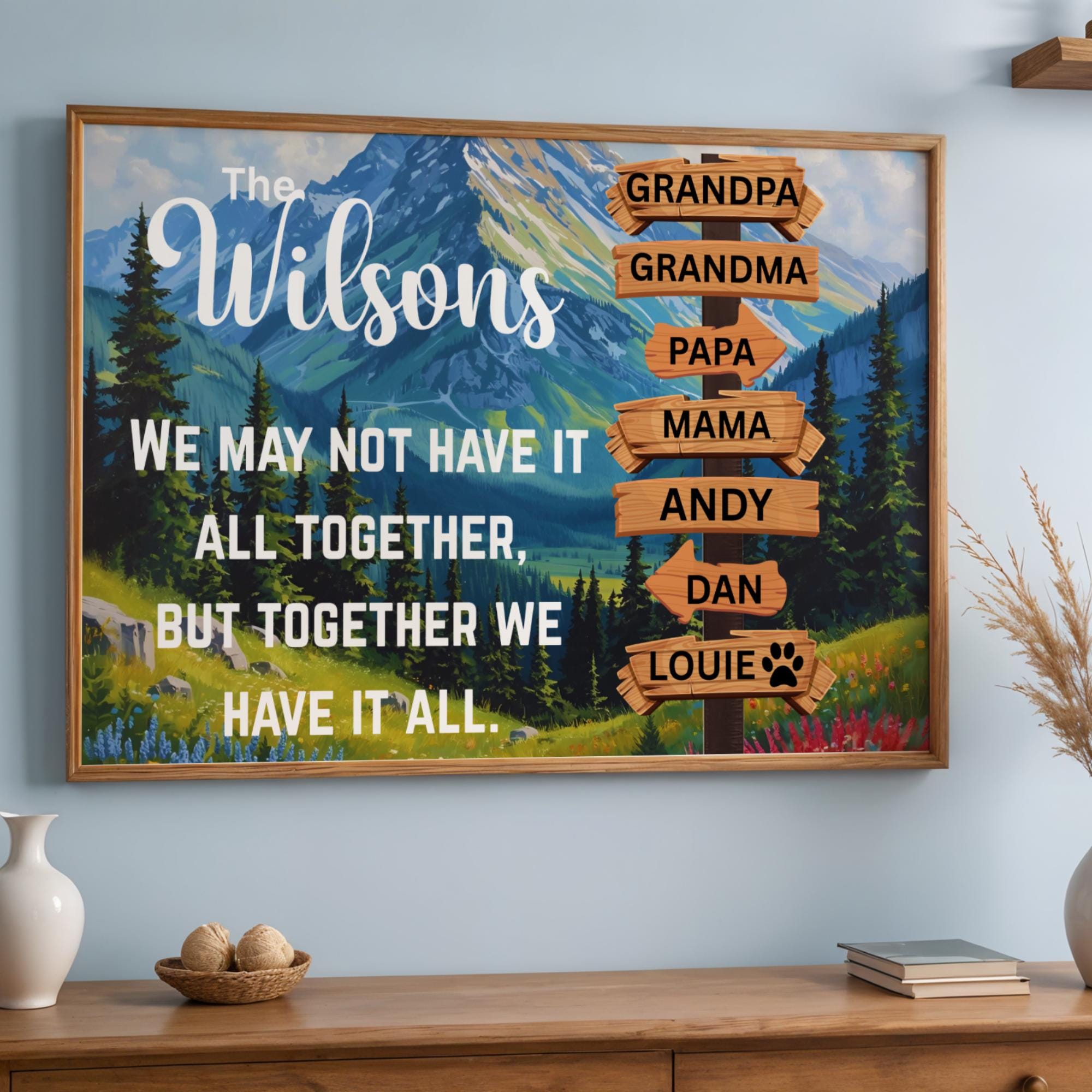 Custom Family Adventure Canvas Art featuring a scenic nature landscape, a mountain view with trees and grasses. Perfect for travelers and outdoor enthusiasts. Personalized family name sign adds a unique and meaningful touch to any home decor. Modern wall poster design ideal for living rooms, bedrooms, or offices, enhancing adventurous and stylish vibes. Thoughtful gift for families who love travel, nature, and memorable experiences together. Trendy Gift Ideas this Christmas