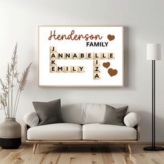 This Personalized Scrabble Puzzle Sign is a creative and heartwarming way to celebrate family connections. Designed as a custom wooden crossword wall sign, it beautifully features your family or grandkids’ names in a charming Scrabble-style layout. Perfect as a grandparents’ Christmas gift, birthday surprise, or family keepsake that adds warmth to any home. A custom last name sign ideal for decorating living rooms, hallways, or family walls with love and personality.