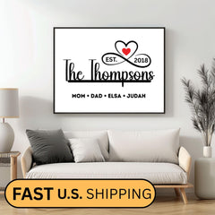Personalized family name sign with custom family members print in a sleek black and white minimalist design. Framed canvas wall décor ideal for farmhouse, modern, or contemporary home settings. Thoughtful housewarming, wedding, or anniversary gift idea for families and couples. Perfect for display in living rooms, entryways, offices, or hallways as a meaningful keepsake. With infinity sign and a heart icon design, perfect for Christmas Season, Valentines and mother's day