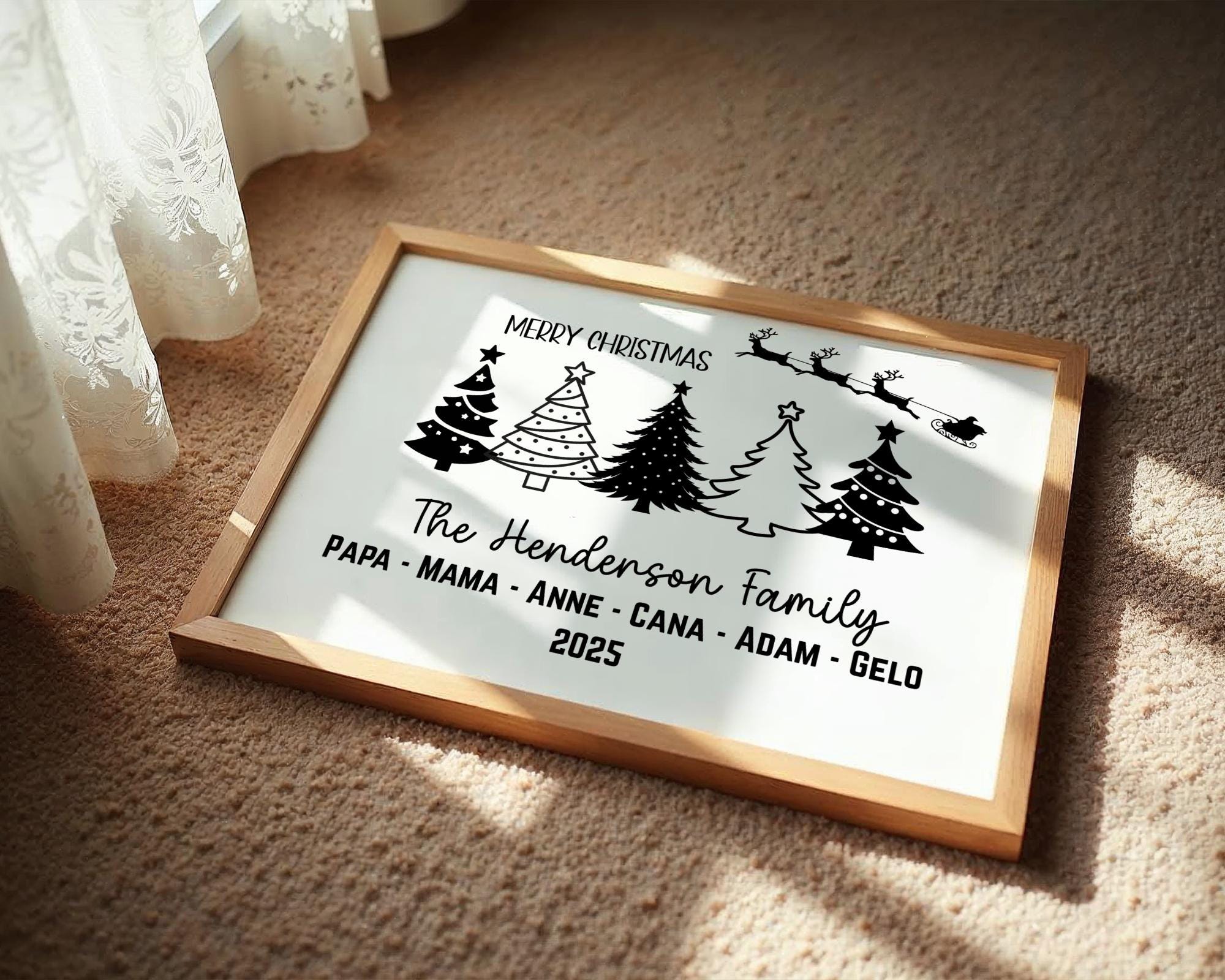 Custom Family Print features five beautifully designed Christmas trees personalized with each family member’s name for a festive and meaningful touch. Printed on high-quality matte canvas, it combines modern style with holiday warmth. The vibrant tree designs create a cheerful and cozy atmosphere perfect for Christmas celebrations. This personalized family Christmas canvas highlights love, unity, and the spirit of togetherness.