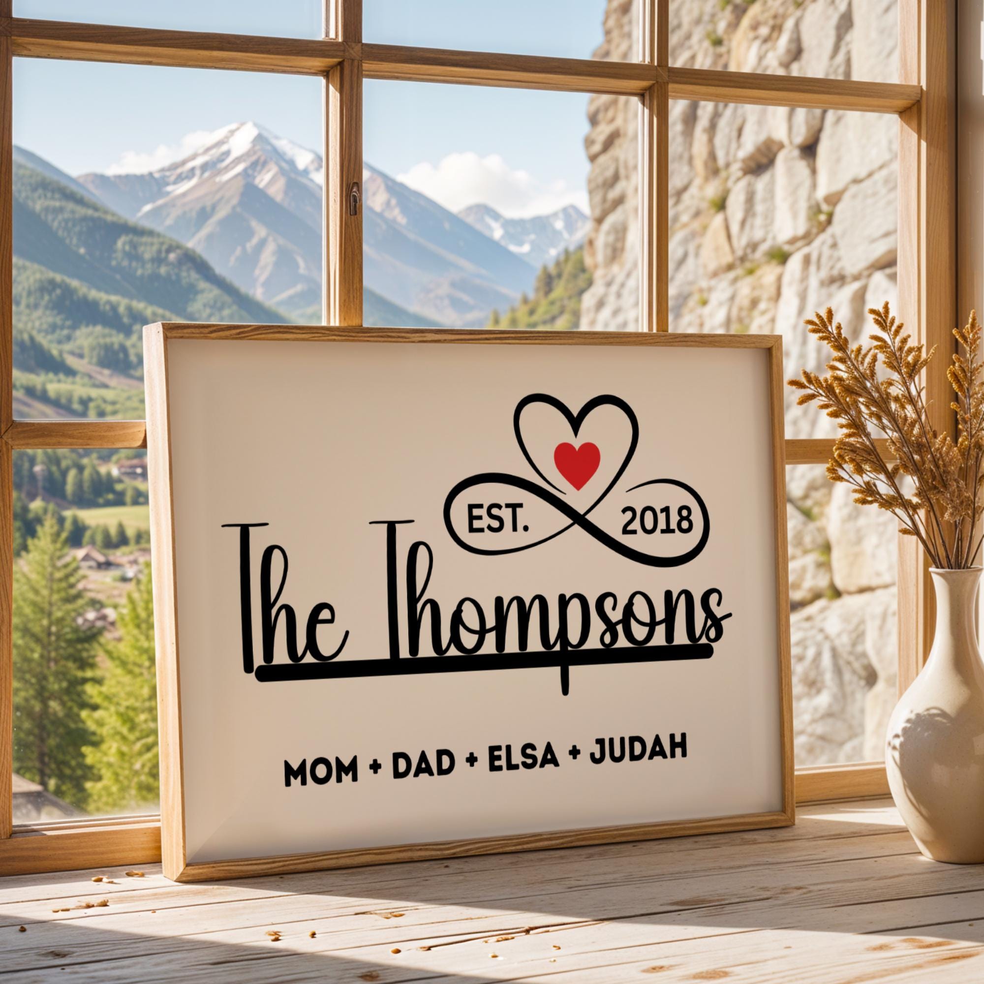 Personalized family name sign with custom family members print in a sleek black and white minimalist design. Framed canvas wall décor ideal for farmhouse, modern, or contemporary home settings. Thoughtful housewarming, wedding, or anniversary gift idea for families and couples. Perfect for display in living rooms, entryways, offices, or hallways as a meaningful keepsake. With infinity sign and a heart icon design, perfect for Christmas Season, Valentines and mother's day