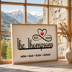 Personalized family name sign with custom family members print in a sleek black and white minimalist design. Framed canvas wall décor ideal for farmhouse, modern, or contemporary home settings. Thoughtful housewarming, wedding, or anniversary gift idea for families and couples. Perfect for display in living rooms, entryways, offices, or hallways as a meaningful keepsake. With infinity sign and a heart icon design, perfect for Christmas Season, Valentines and mother's day