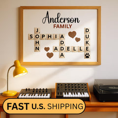 Beautiful Canvas Sign Scrabble Puzzle Wall Art featuring a custom family name in a creative crossword design. This wooden-style matte canvas artwork makes a heartfelt and unique grandparents’ Christmas gift or family keepsake. Perfect for adding a warm, personalized touch to living rooms, hallways, or family walls.