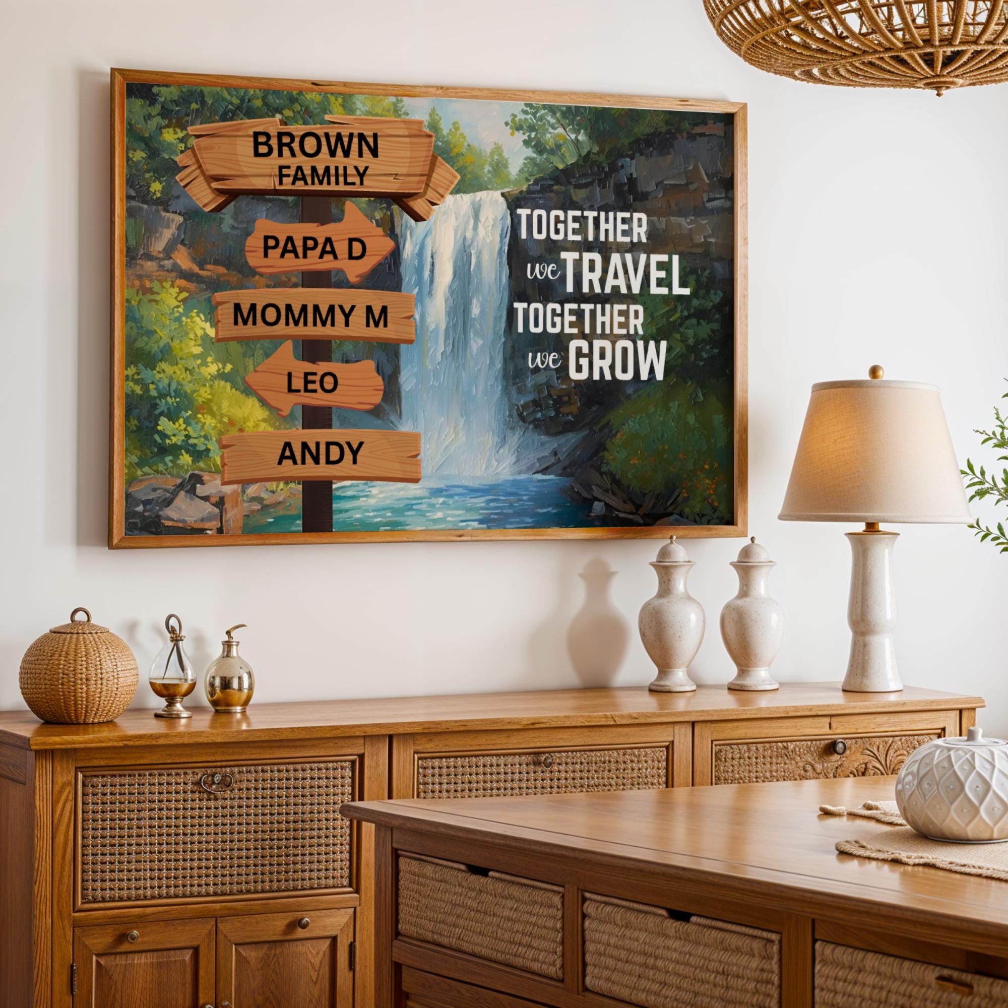 Custom Family Name Sign Canvas designed with a vintage street sign style and nature adventure theme, a waterfall. Personalized wall art creates a meaningful focal point in any living room, hallway, or entryway. Motivational quote decor adds an inspiring touch for families who love travel and outdoor experiences. A trendy and thoughtful gift idea for housewarmings, anniversaries, or family celebrations.