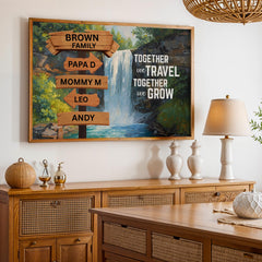 Custom Family Name Sign Canvas designed with a vintage street sign style and nature adventure theme, a waterfall. Personalized wall art creates a meaningful focal point in any living room, hallway, or entryway. Motivational quote decor adds an inspiring touch for families who love travel and outdoor experiences. A trendy and thoughtful gift idea for housewarmings, anniversaries, or family celebrations.