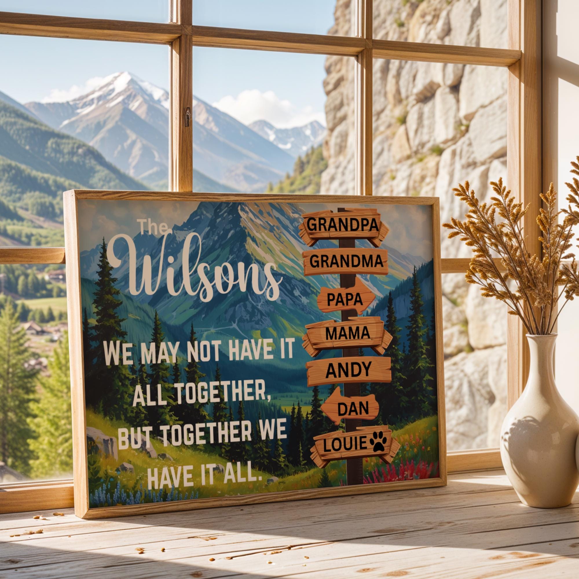 Custom Family Adventure Canvas Art featuring a scenic nature landscape, a mountain view with trees and grasses. Perfect for travelers and outdoor enthusiasts. Personalized family name sign adds a unique and meaningful touch to any home decor. Modern wall poster design ideal for living rooms, bedrooms, or offices, enhancing adventurous and stylish vibes. Thoughtful gift for families who love travel, nature, and memorable experiences together. Trendy Gift Ideas this Christmas