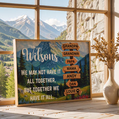 Custom Family Adventure Canvas Art featuring a scenic nature landscape, a mountain view with trees and grasses. Perfect for travelers and outdoor enthusiasts. Personalized family name sign adds a unique and meaningful touch to any home decor. Modern wall poster design ideal for living rooms, bedrooms, or offices, enhancing adventurous and stylish vibes. Thoughtful gift for families who love travel, nature, and memorable experiences together. Trendy Gift Ideas this Christmas