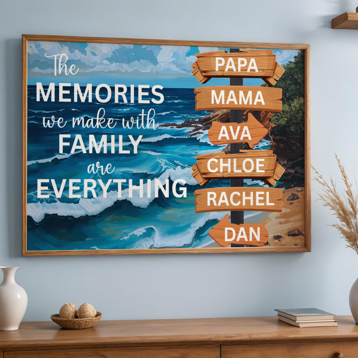 Family Adventure Life Canvas Poster featuring a custom family name sign and vintage street sign design over a scenic nature background, a blue ocean with motivational quotes. Personalized wall art decor perfect for family travelers and modern home interiors. Rustic adventure wall print ideal for living rooms, cabins, or entryway décor. Also for campers, and adventurers. Trendy gift for Christmas.