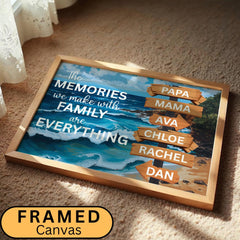 Family Adventure Life Canvas Poster featuring a custom family name sign and vintage street sign design over a scenic nature background, a blue ocean with motivational quotes. Personalized wall art decor perfect for family travelers and modern home interiors. Rustic adventure wall print ideal for living rooms, cabins, or entryway décor. Also for campers, and adventurers. Trendy gift for Christmas.