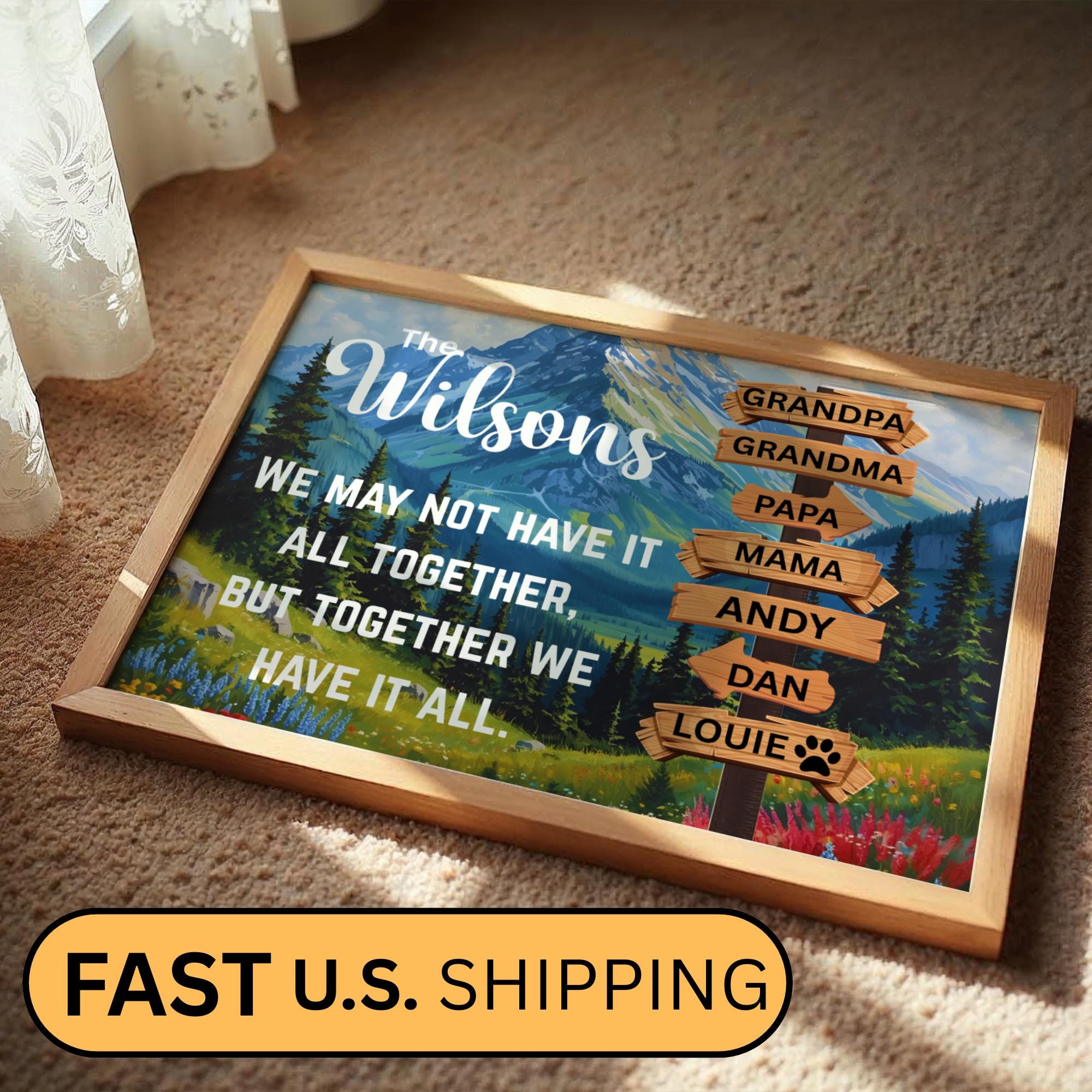 Custom Family Adventure Canvas Art featuring a scenic nature landscape, a mountain view with trees and grasses. Perfect for travelers and outdoor enthusiasts. Personalized family name sign adds a unique and meaningful touch to any home decor. Modern wall poster design ideal for living rooms, bedrooms, or offices, enhancing adventurous and stylish vibes. Thoughtful gift for families who love travel, nature, and memorable experiences together. Trendy Gift Ideas this Christmas