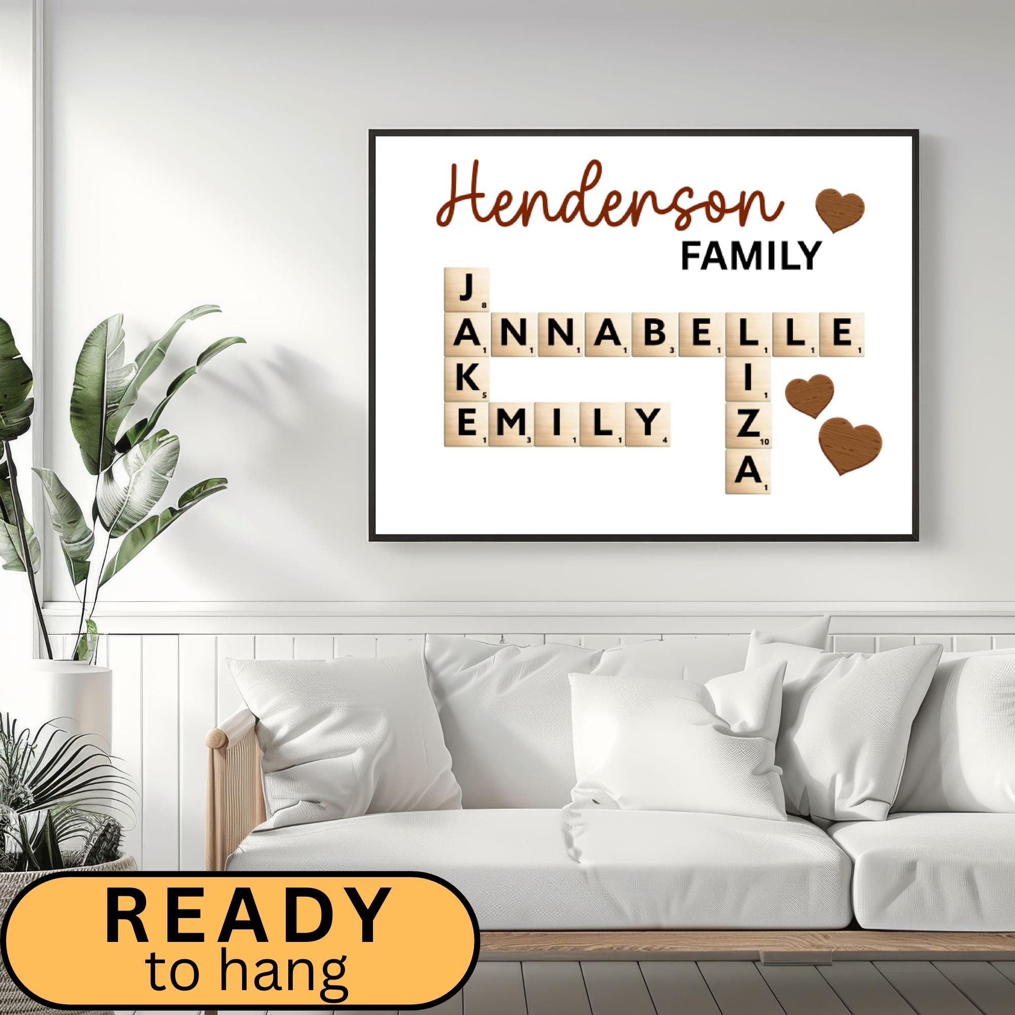 This Personalized Scrabble Puzzle Sign is a creative and heartwarming way to celebrate family connections. Designed as a custom wooden crossword wall sign, it beautifully features your family or grandkids’ names in a charming Scrabble-style layout. Perfect as a grandparents’ Christmas gift, birthday surprise, or family keepsake that adds warmth to any home. A custom last name sign ideal for decorating living rooms, hallways, or family walls with love and personality.