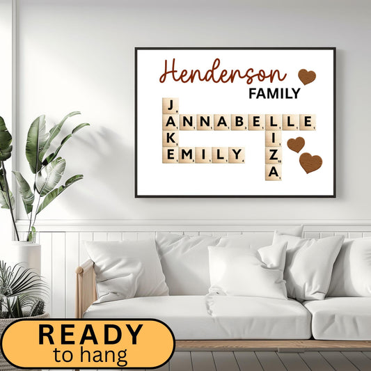 This Personalized Scrabble Puzzle Sign is a creative and heartwarming way to celebrate family connections. Designed as a custom wooden crossword wall sign, it beautifully features your family or grandkids’ names in a charming Scrabble-style layout. Perfect as a grandparents’ Christmas gift, birthday surprise, or family keepsake that adds warmth to any home. A custom last name sign ideal for decorating living rooms, hallways, or family walls with love and personality.