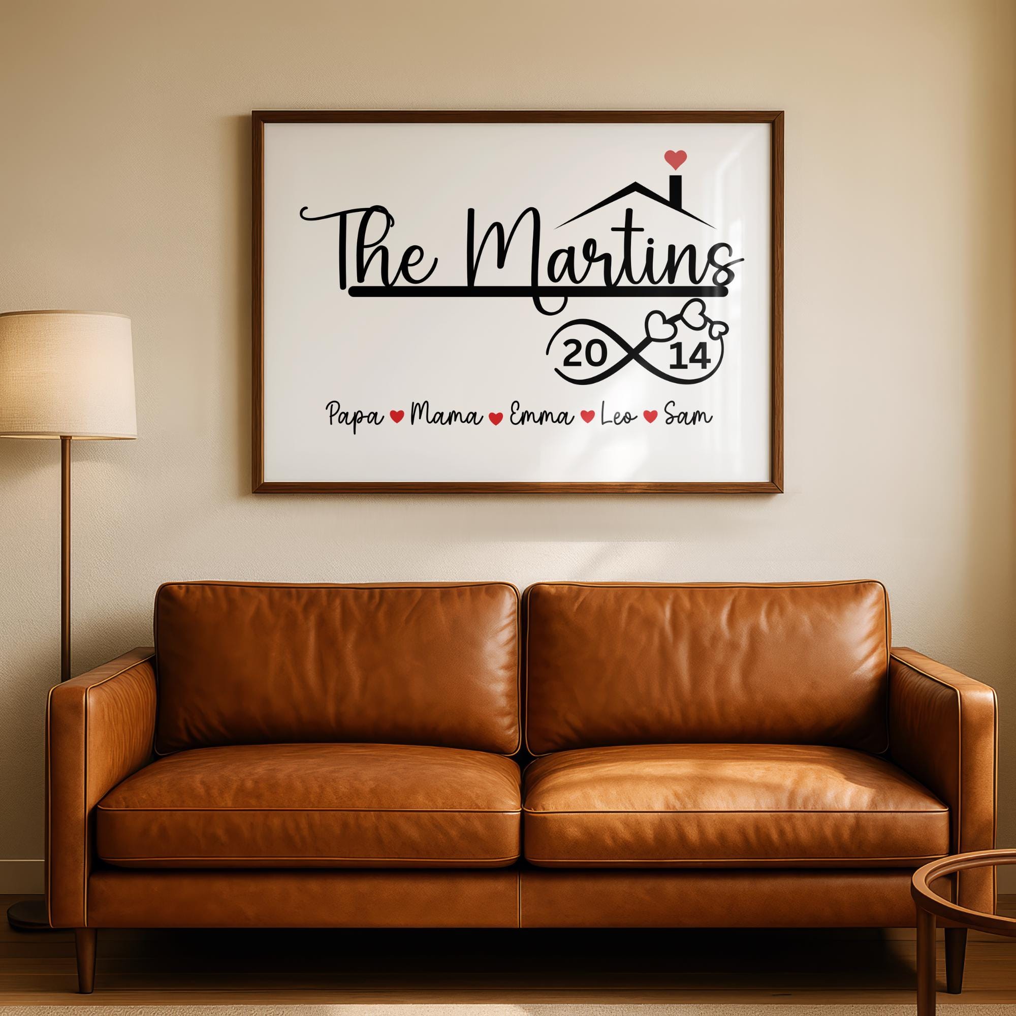 Canvas wall décor featuring a personalized farmhouse family name design and anniversary year in a matte black and white print. Custom framed wall art keepsake perfect for modern, rustic, or minimalist interiors. Ideal gift for housewarmings, weddings, anniversaries, or new homeowners. Display in living rooms, entryways, bedrooms, or offices for a meaningful decorative touch. With heart icons