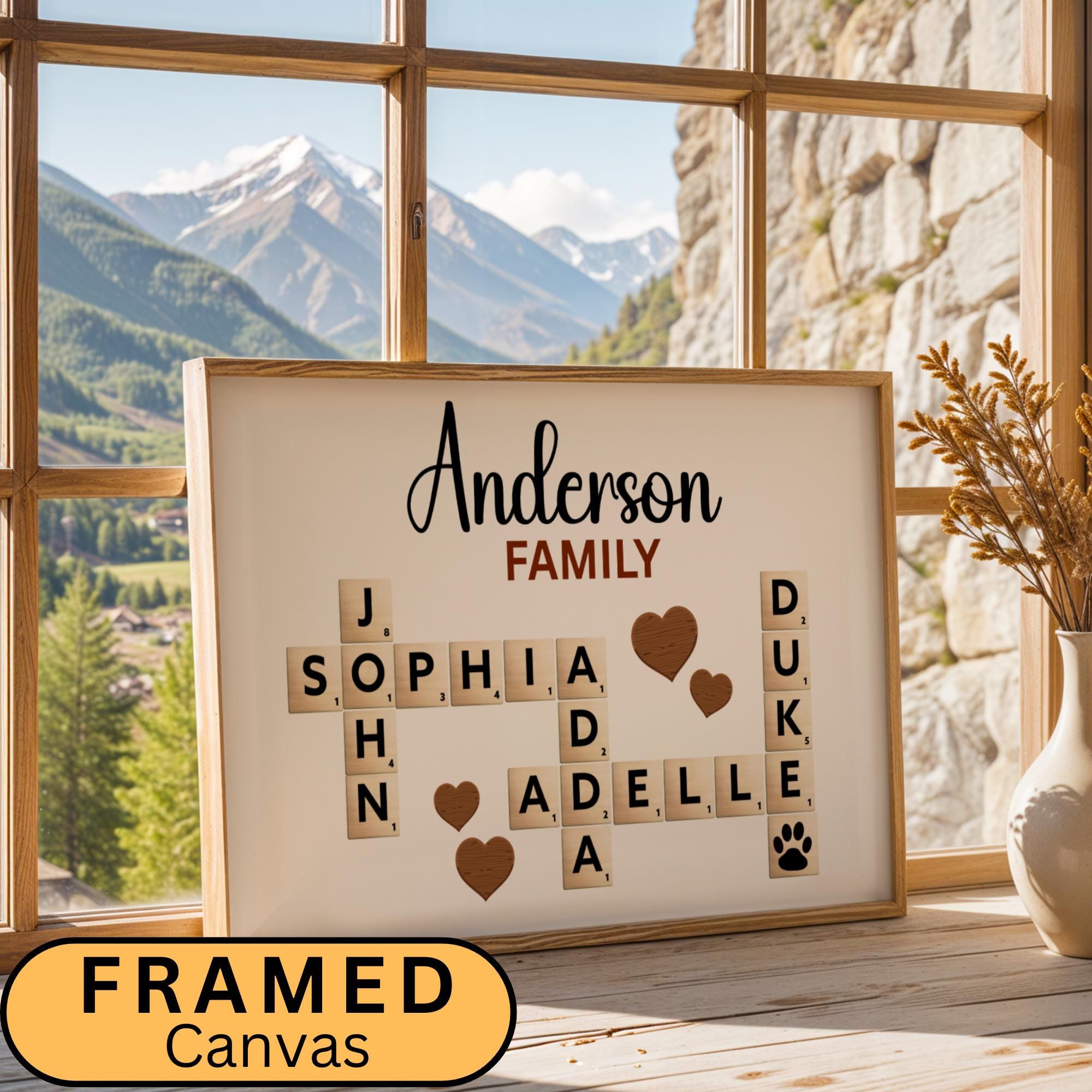 Beautiful Canvas Sign Scrabble Puzzle Wall Art featuring a custom family name in a creative crossword design. This wooden-style matte canvas artwork makes a heartfelt and unique grandparents’ Christmas gift or family keepsake. Perfect for adding a warm, personalized touch to living rooms, hallways, or family walls.