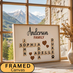 Beautiful Canvas Sign Scrabble Puzzle Wall Art featuring a custom family name in a creative crossword design. This wooden-style matte canvas artwork makes a heartfelt and unique grandparents’ Christmas gift or family keepsake. Perfect for adding a warm, personalized touch to living rooms, hallways, or family walls.