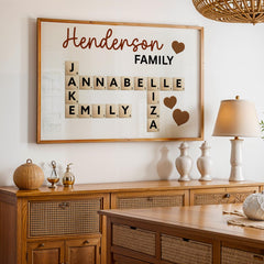This Personalized Scrabble Puzzle Sign is a creative and heartwarming way to celebrate family connections. Designed as a custom wooden crossword wall sign, it beautifully features your family or grandkids’ names in a charming Scrabble-style layout. Perfect as a grandparents’ Christmas gift, birthday surprise, or family keepsake that adds warmth to any home. A custom last name sign ideal for decorating living rooms, hallways, or family walls with love and personality.