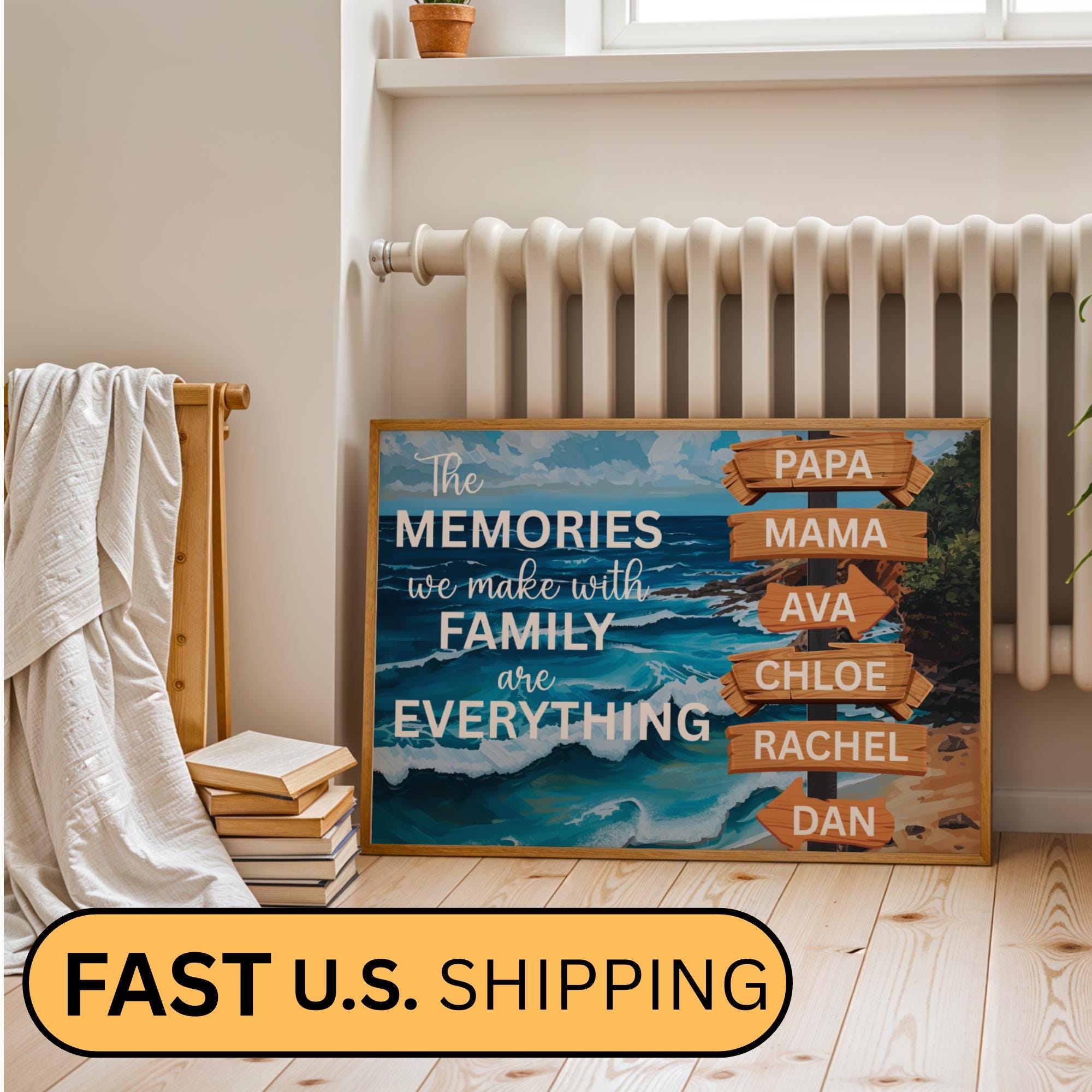 Family Adventure Life Canvas Poster featuring a custom family name sign and vintage street sign design over a scenic nature background, a blue ocean with motivational quotes. Personalized wall art decor perfect for family travelers and modern home interiors. Rustic adventure wall print ideal for living rooms, cabins, or entryway décor. Also for campers, and adventurers. Trendy gift for Christmas.