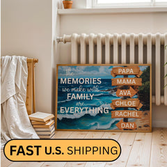 Family Adventure Life Canvas Poster featuring a custom family name sign and vintage street sign design over a scenic nature background, a blue ocean with motivational quotes. Personalized wall art decor perfect for family travelers and modern home interiors. Rustic adventure wall print ideal for living rooms, cabins, or entryway décor. Also for campers, and adventurers. Trendy gift for Christmas.