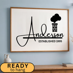 Personalized family name canvas with a minimalist black and white design displayed in a modern farmhouse-style frame. Custom wall art print featuring family name and the anniversary date, perfect as a keepsake gift for home décor. Framed family sign suited for living rooms, entryways, offices, or hallways. Ideal housewarming, wedding, or anniversary gift with timeless neutral décor style.