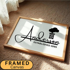 Personalized family name canvas with a minimalist black and white design displayed in a modern farmhouse-style frame. Custom wall art print featuring family name and the anniversary date, perfect as a keepsake gift for home décor. Framed family sign suited for living rooms, entryways, offices, or hallways. Ideal housewarming, wedding, or anniversary gift with timeless neutral décor style.
