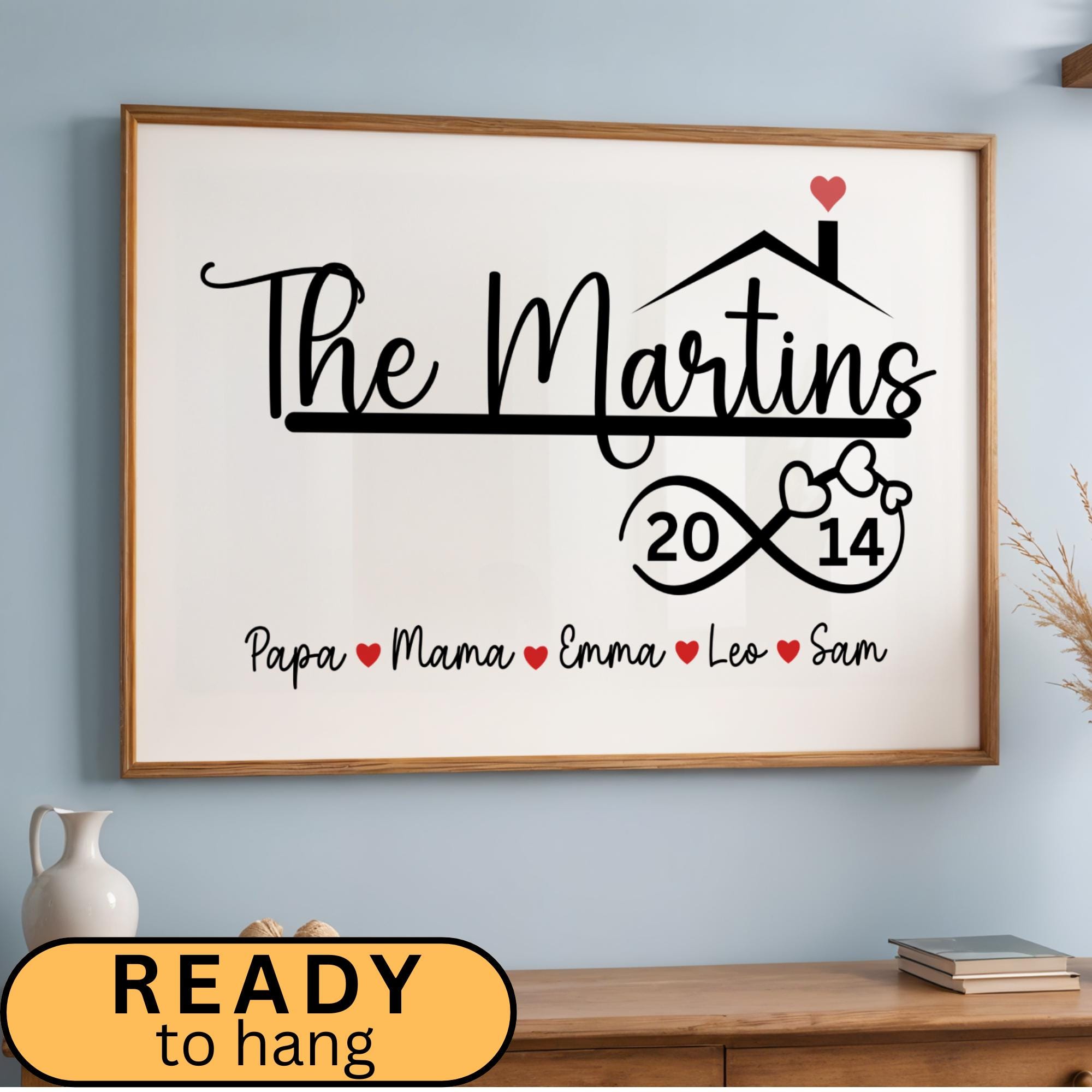 Canvas wall décor featuring a personalized farmhouse family name design and anniversary year in a matte black and white print. Custom framed wall art keepsake perfect for modern, rustic, or minimalist interiors. Ideal gift for housewarmings, weddings, anniversaries, or new homeowners. Display in living rooms, entryways, bedrooms, or offices for a meaningful decorative touch.