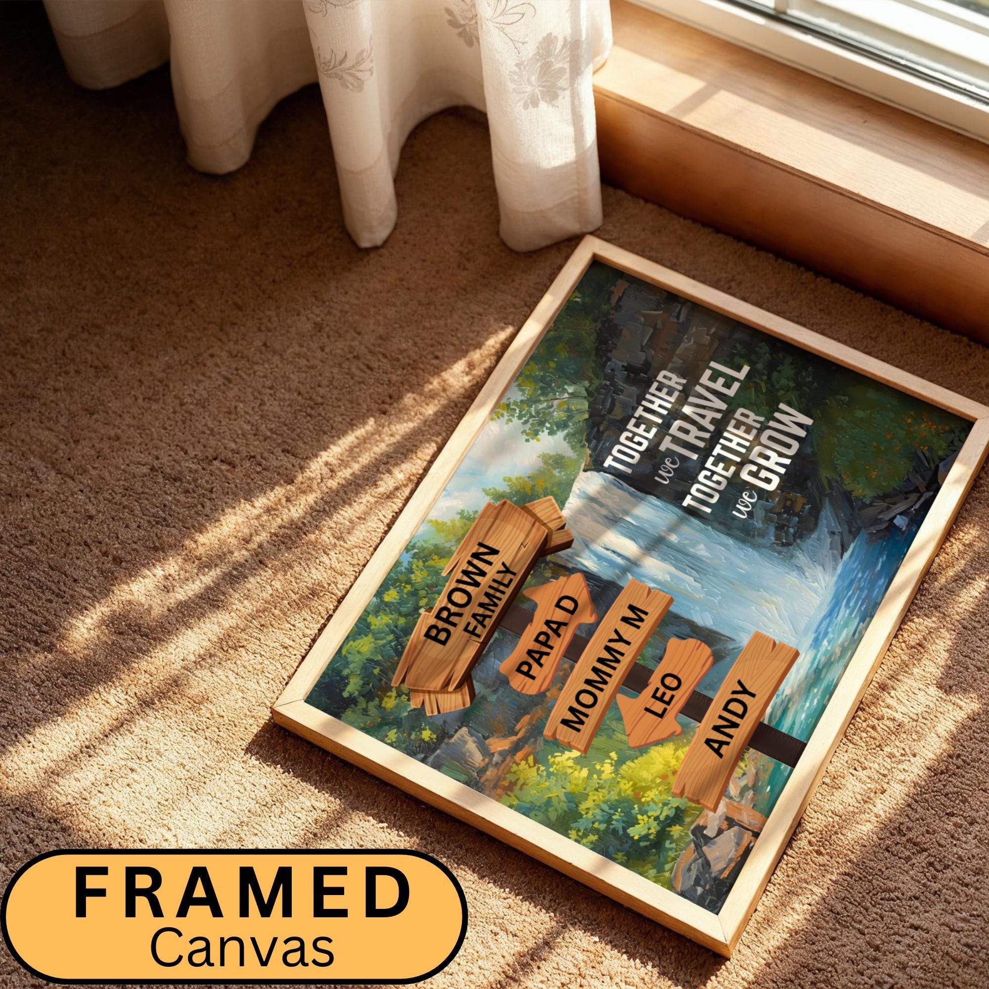 Custom Family Name Sign Canvas designed with a vintage street sign style and nature adventure theme, a waterfall. Personalized wall art creates a meaningful focal point in any living room, hallway, or entryway. Motivational quote decor adds an inspiring touch for families who love travel and outdoor experiences. A trendy and thoughtful gift idea for housewarmings, anniversaries, or family celebrations.
