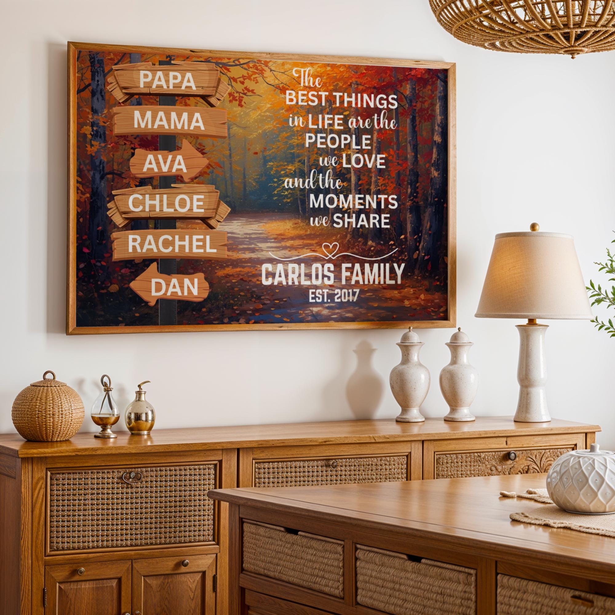 Personalized Family Name Wall Art with an adventure street sign and motivational quote design over a modern autumn nature background. Custom canvas print decor ideal for adding character to living rooms, entryways, or family spaces. Framed wall art gift perfect for seasonal home updates and nature-inspired interiors. Trendy Autumn and Christmas Gift Season Gift