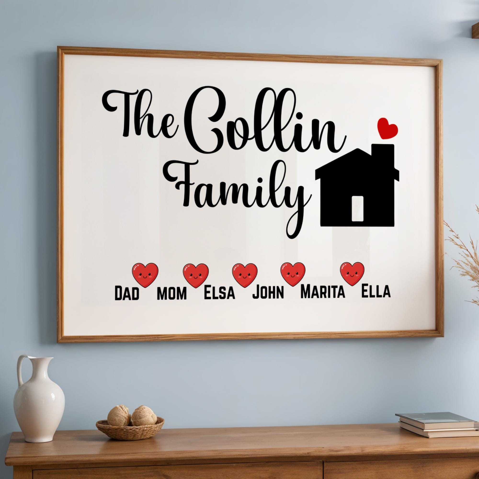 Modern Custom Framed Canvas Sign Wall Art featuring a personalized family name design for stylish home decor. This custom name wall art adds a unique and elegant touch to any modern interior. Perfect as a custom gift for him or her, combining simplicity and sophistication. Enhance your space with this personalized family name sign, a trendy and timeless wall art piece.