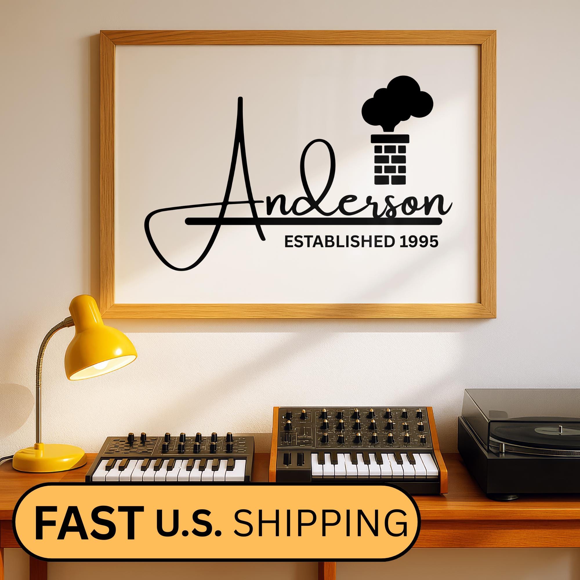 Personalized family name canvas with a minimalist black and white design displayed in a modern farmhouse-style frame. Custom wall art print featuring family name and the anniversary date, perfect as a keepsake gift for home décor. Framed family sign suited for living rooms, entryways, offices, or hallways. Ideal housewarming, wedding, or anniversary gift with timeless neutral décor style.