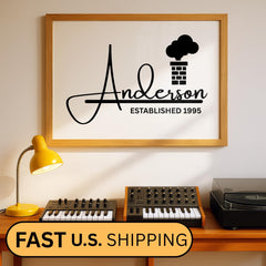 Personalized family name canvas with a minimalist black and white design displayed in a modern farmhouse-style frame. Custom wall art print featuring family name and the anniversary date, perfect as a keepsake gift for home décor. Framed family sign suited for living rooms, entryways, offices, or hallways. Ideal housewarming, wedding, or anniversary gift with timeless neutral décor style.