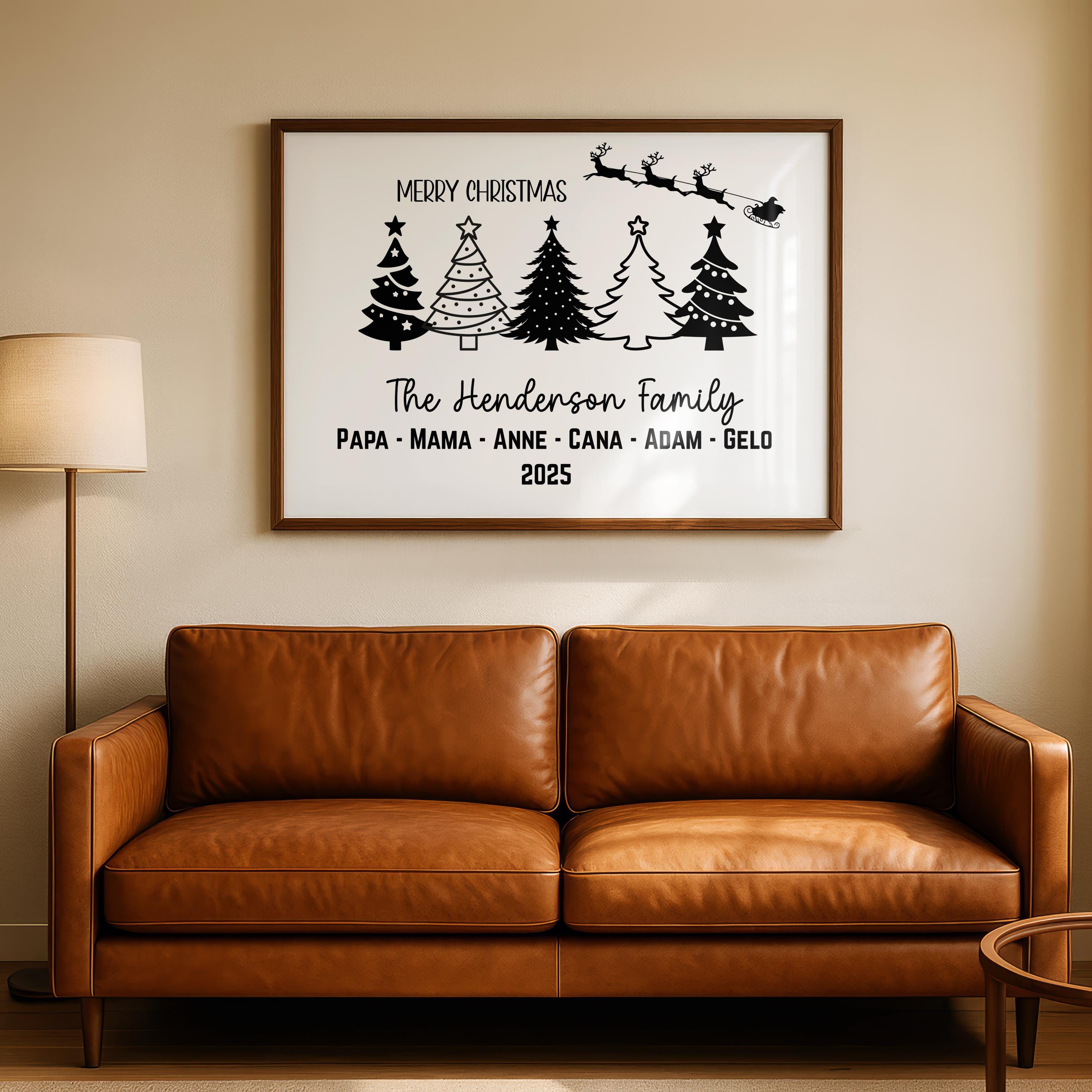 Custom Family Print features five beautifully designed Christmas trees personalized with each family member’s name for a festive and meaningful touch. Printed on high-quality matte canvas, it combines modern style with holiday warmth. The vibrant tree designs create a cheerful and cozy atmosphere perfect for Christmas celebrations. This personalized family Christmas canvas highlights love, unity, and the spirit of togetherness.