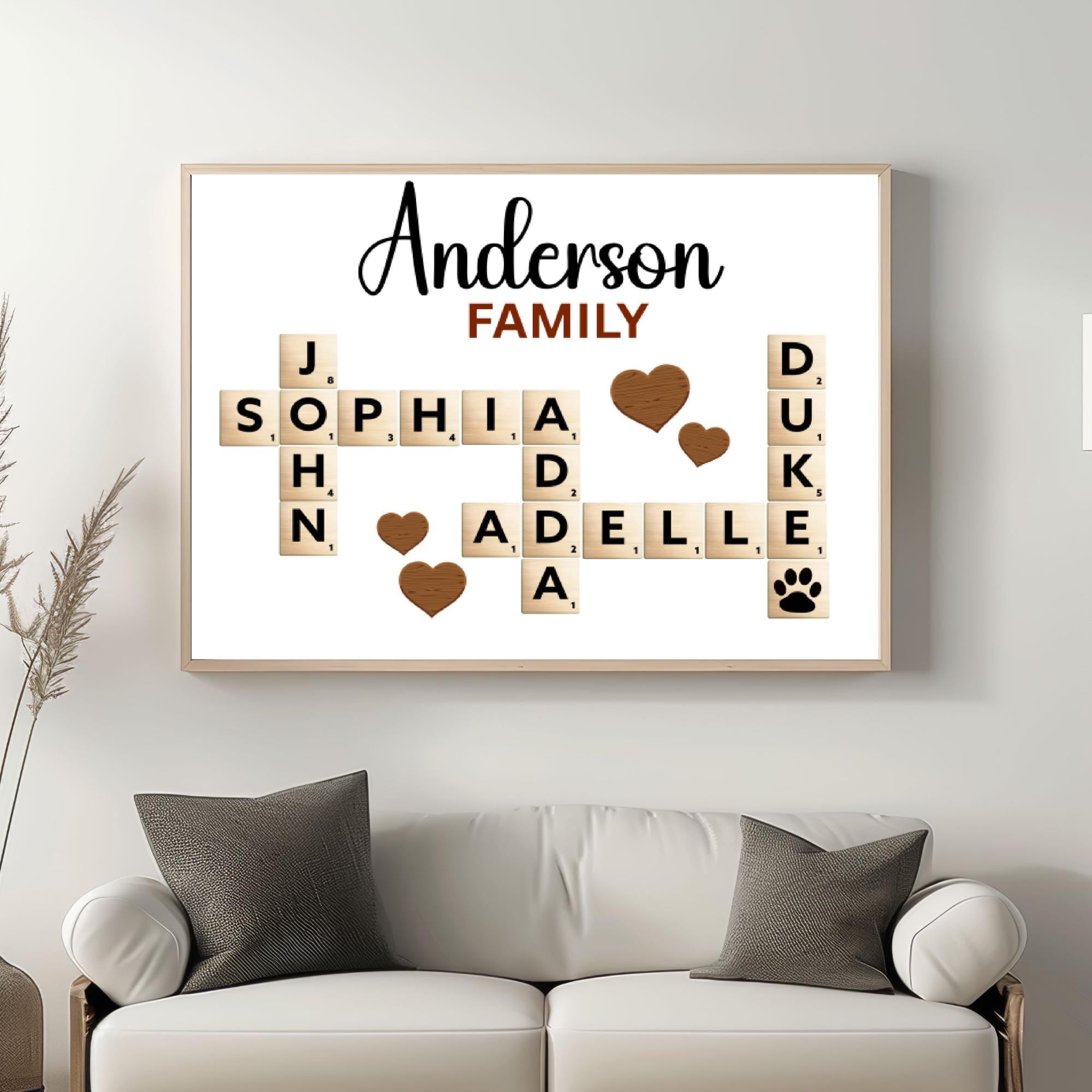 Beautiful Canvas Sign Scrabble Puzzle Wall Art featuring a custom family name in a creative crossword design. This wooden-style matte canvas artwork makes a heartfelt and unique grandparents’ Christmas gift or family keepsake. Perfect for adding a warm, personalized touch to living rooms, hallways, or family walls.