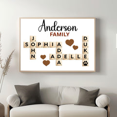 Beautiful Canvas Sign Scrabble Puzzle Wall Art featuring a custom family name in a creative crossword design. This wooden-style matte canvas artwork makes a heartfelt and unique grandparents’ Christmas gift or family keepsake. Perfect for adding a warm, personalized touch to living rooms, hallways, or family walls.