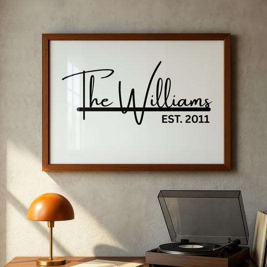 Custom framed canvas sign featuring a personalized family name and the anniversary date in a black and white minimalist style. Elegant wall art decor perfect for farmhouse, modern, or neutral-themed interiors. Ideal for home or office wall display in living rooms, entryways, or workspaces. Thoughtful housewarming, wedding, or anniversary gift idea with a timeless design.