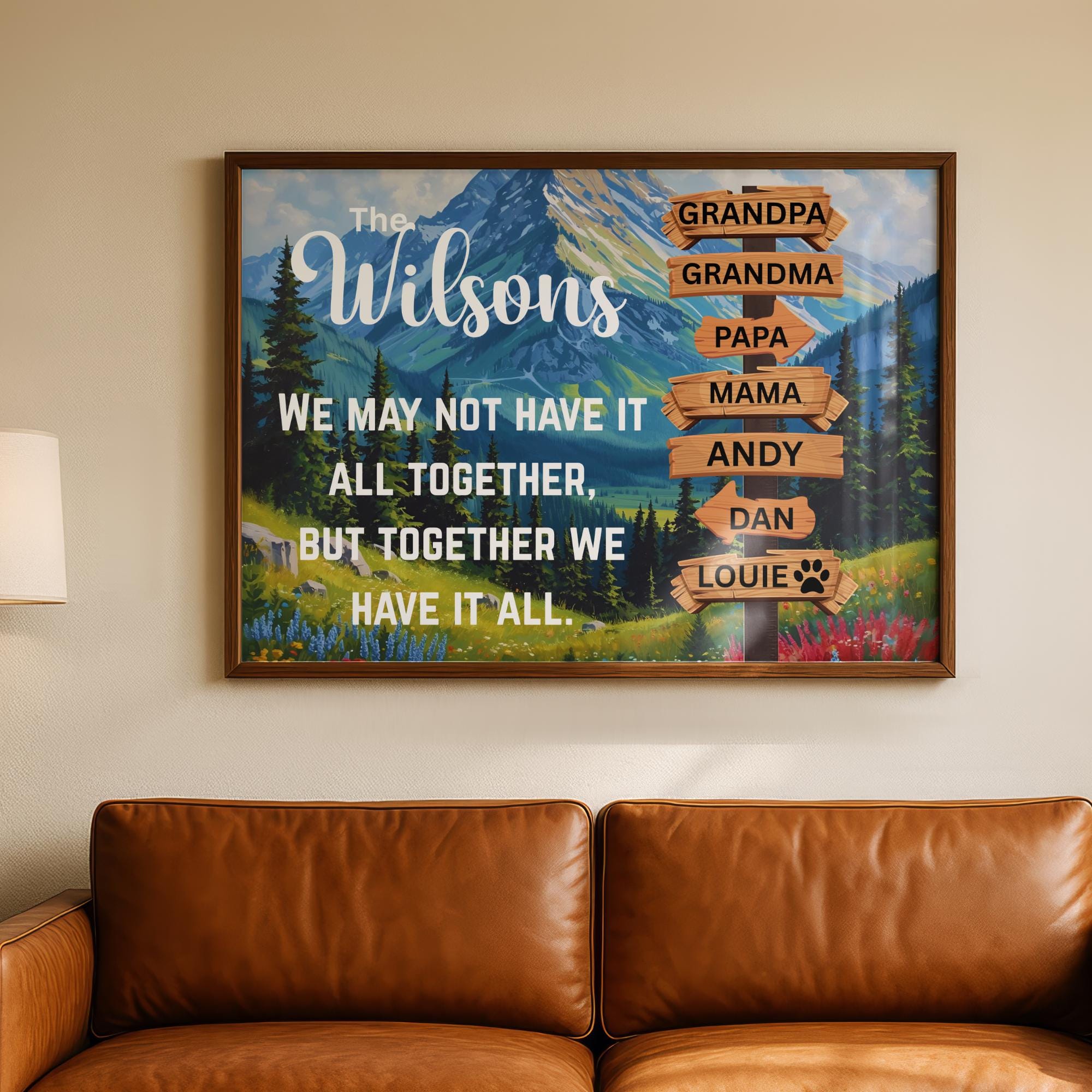 Custom Family Adventure Canvas Art featuring a scenic nature landscape, a mountain view with trees and grasses. Perfect for travelers and outdoor enthusiasts. Personalized family name sign adds a unique and meaningful touch to any home decor. Modern wall poster design ideal for living rooms, bedrooms, or offices, enhancing adventurous and stylish vibes. Thoughtful gift for families who love travel, nature, and memorable experiences together. Trendy Gift Ideas this Christmas