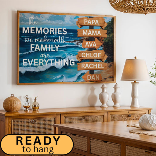 Family Adventure Life Canvas Poster featuring a custom family name sign and vintage street sign design over a scenic nature background, a blue ocean with motivational quotes. Personalized wall art decor perfect for family travelers and modern home interiors. Rustic adventure wall print ideal for living rooms, cabins, or entryway décor. Also for campers, and adventurers. Trendy gift for Christmas.