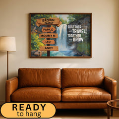 Custom Family Name Sign Canvas designed with a vintage street sign style and nature adventure theme, a waterfall. Personalized wall art creates a meaningful focal point in any living room, hallway, or entryway. Motivational quote decor adds an inspiring touch for families who love travel and outdoor experiences. A trendy and thoughtful gift idea for housewarmings, anniversaries, or family celebrations.