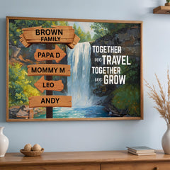 Custom Family Name Sign Canvas designed with a vintage street sign style and nature adventure theme, a waterfall. Personalized wall art creates a meaningful focal point in any living room, hallway, or entryway. Motivational quote decor adds an inspiring touch for families who love travel and outdoor experiences. A trendy and thoughtful gift idea for housewarmings, anniversaries, or family celebrations.