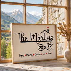 Canvas wall décor featuring a personalized farmhouse family name design and anniversary year in a matte black and white print. Custom framed wall art keepsake perfect for modern, rustic, or minimalist interiors. Ideal gift for housewarmings, weddings, anniversaries, or new homeowners. Display in living rooms, entryways, bedrooms, or offices for a meaningful decorative touch.