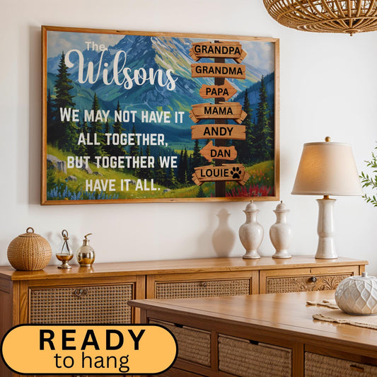 Custom Family Adventure Canvas Art featuring a scenic nature landscape, a mountain view with trees and grasses. Perfect for travelers and outdoor enthusiasts. Personalized family name sign adds a unique and meaningful touch to any home decor. Modern wall poster design ideal for living rooms, bedrooms, or offices, enhancing adventurous and stylish vibes. Thoughtful gift for families who love travel, nature, and memorable experiences together. Trendy Gift Ideas this Christmas