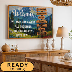 Custom Family Adventure Canvas Art featuring a scenic nature landscape, a mountain view with trees and grasses. Perfect for travelers and outdoor enthusiasts. Personalized family name sign adds a unique and meaningful touch to any home decor. Modern wall poster design ideal for living rooms, bedrooms, or offices, enhancing adventurous and stylish vibes. Thoughtful gift for families who love travel, nature, and memorable experiences together. Trendy Gift Ideas this Christmas