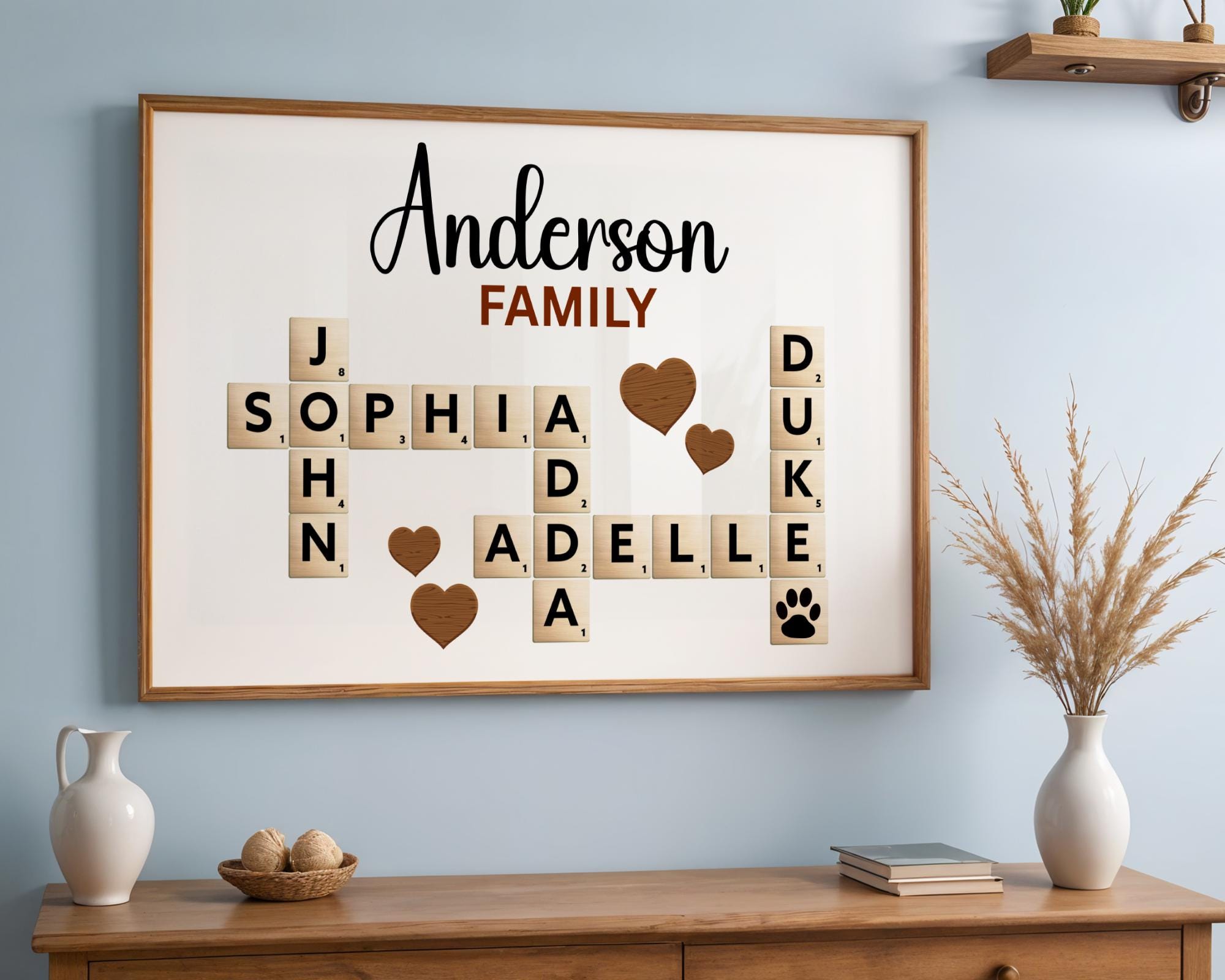 Beautiful Canvas Sign Scrabble Puzzle Wall Art featuring a custom family name in a creative crossword design. This wooden-style matte canvas artwork makes a heartfelt and unique grandparents’ Christmas gift or family keepsake. Perfect for adding a warm, personalized touch to living rooms, hallways, or family walls.